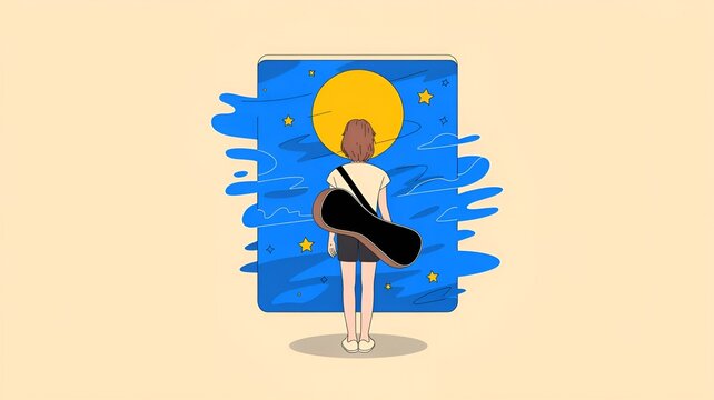 Young Musician with Guitar Case Under a Starry Night Sky Illustration