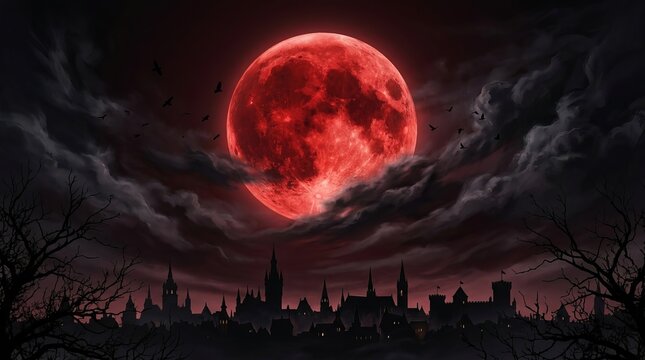 Red full moon halloween cityscape dark clouds silhouetted buildings spooky night