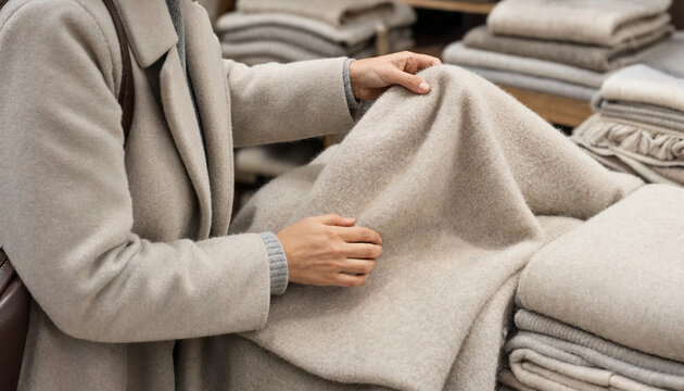 Woman hands examining a high quality beige wool blanket in a retail shop with cashmere throw textile shop cozy home textiles shopping for home knit material wool texture home decor