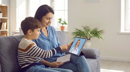 Fototapeta premium Mother and Son Having a Pediatric Telehealth Consultation