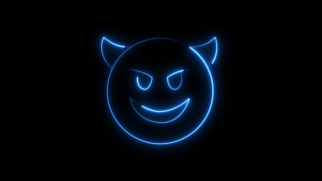 Blue neon glowing devil face emoji with horns and smirk