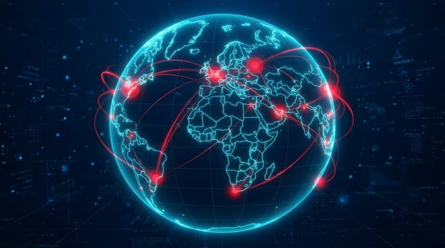 Digital globe showing global communication network connections with glowing red nodes on dark blue background