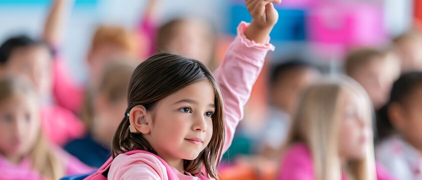 Girl in classroom raises hand to answer teacher