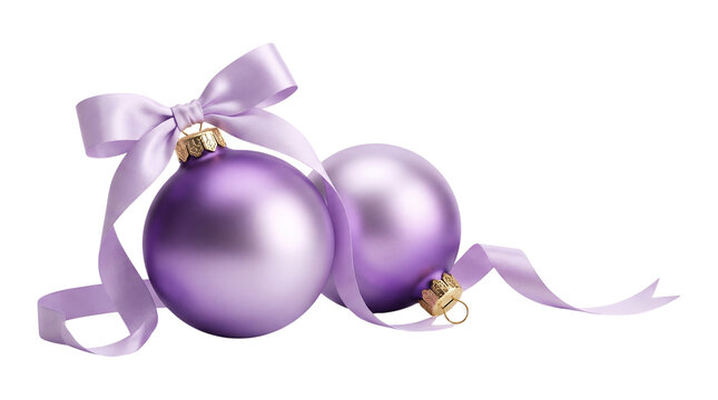 Purple Christmas ornaments with ribbon isolated on transparent background