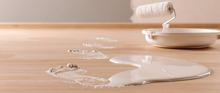 Paint roller sits beside spilled white paint on wood floor