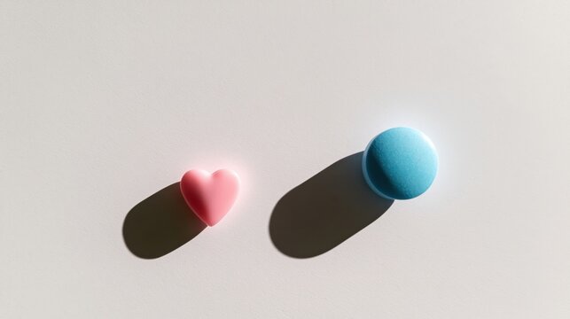 Pink heart and blue sphere objects casting strong shadows on a white surface