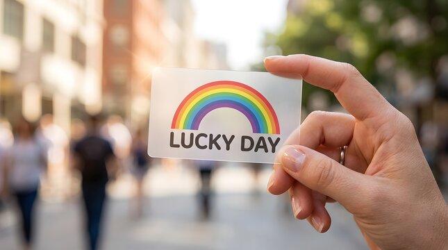 A hand holding a small card with a colorful rainbow and the text lucky day outdoors