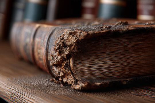 Dusty old library book with worn cover and aged page edges in close up