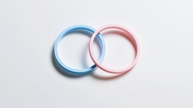 Interlocking pink and blue rubber bands resting on a clean white background