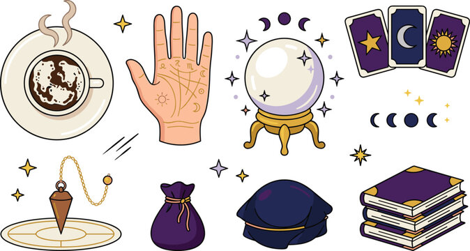 Fortune telling witchcraft vector set with crystal ball tarot cards palmistry hand and magic elements