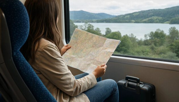 Young female traveler sitting on a train seat looking at a paper map during a scenic journey with vacation passenger destination adventure navigation commuter transportation traveler