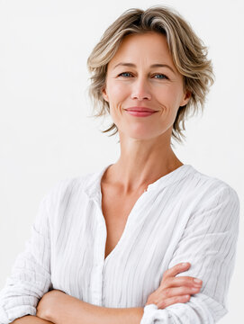 Portrait of a confident middle-aged woman in a white shirt posing with arms crossed on a plain background.