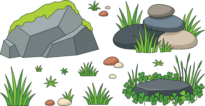 Nature stone rock and green grass vector set with moss pebbles and garden landscape elements