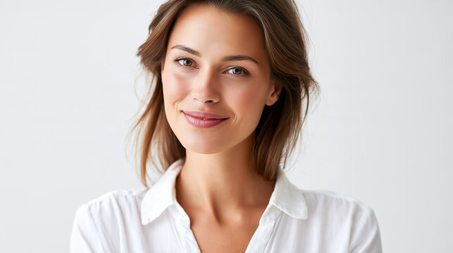 Frontal portrait of a beautiful woman in a white collared shirt looking directly at the camera.