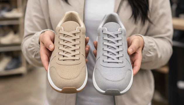 Person holding beige and light grey sneakers in a clothing retail store with casual shoes fashion store canvas shoes footwear retail sneakers footwear shopping sportswear consumer