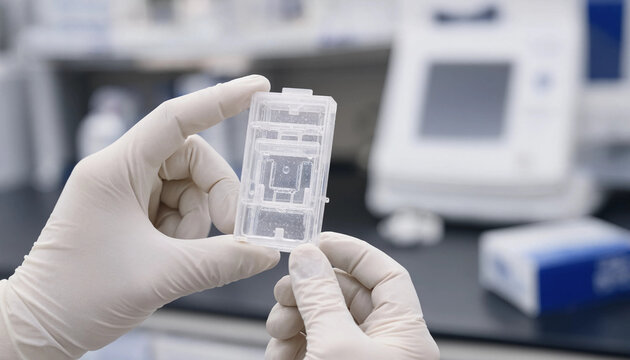 Researcher holding a clear microfluidic chip in a medical laboratory with medical device clear plastic lab work micro channel white gloves life science lab equipment microfluidic