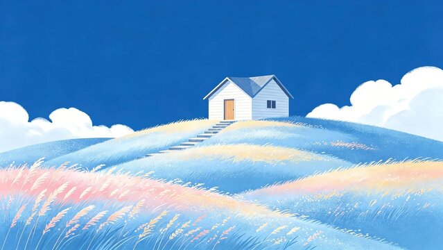 Peaceful illustrated landscape of small white wooden house on rolling blue pink grassy hill under bright blue sky with fluffy white clouds gentle countryside art