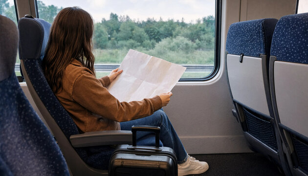 Female passenger sitting on a train and reading a travel map during a scenic ride with passenger vacation transportation navigation commuter destination traveler suitcase traveling