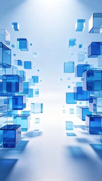 Minimalist modern abstract 3d background with floating transparent blue glass cubes in varying sizes empty central space for modern design