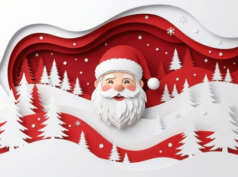 A festive layered paper craft scene featuring Santa Claus in a snowy forest