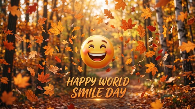 Happy World Smile Day emoji floating in a beautiful autumn forest with falling leaves