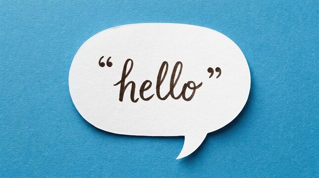 White Speech Bubble with Handwritten Hello Text on Blue Background