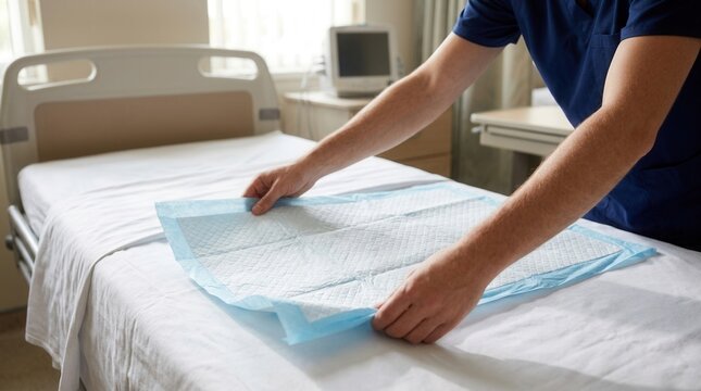 Nurse placing disposable incontinence pad on hospital bed for patient comfort and hygiene