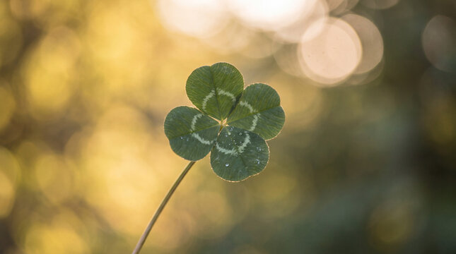 Four-leaf clover with water droplets and golden bokeh