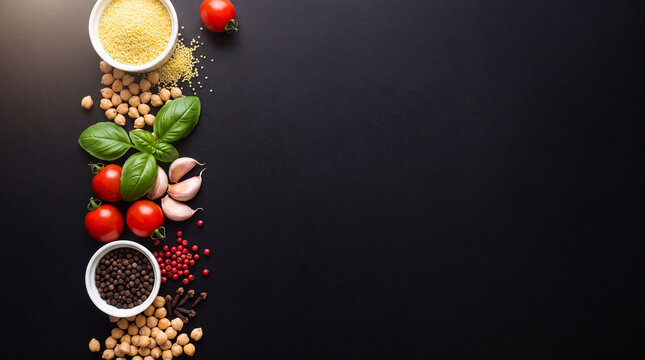 Mediterranean cooking ingredients on a dark background