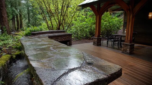 Mountain stream BBQ counter with stone-top deck, moss bank edge, fresh air clarity, gurgling water tranquility