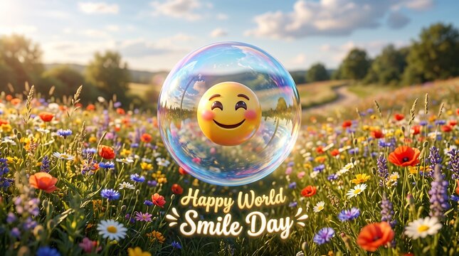 Happy World Smile Day concept with a floating emoji inside a bubble in a wildflower meadow