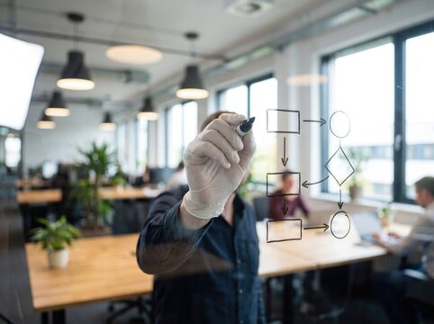 A male hand using a black pen to draw a technical flowchart diagram on a transparent glass wall in a modern corporate office setting.