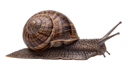 Close-up of a garden snail with detailed shell and isolated on png transparent background © Isolated Hub