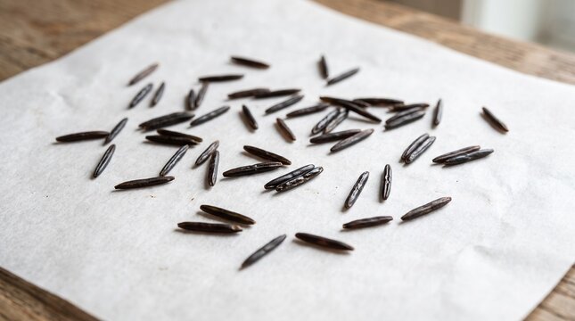 Raw dark wild rice grains scattered naturally on white parchment paper captured with soft lighting in a rustic kitchen setting