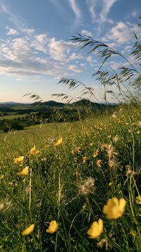German foothill meadow with flowers and grass under blue sky