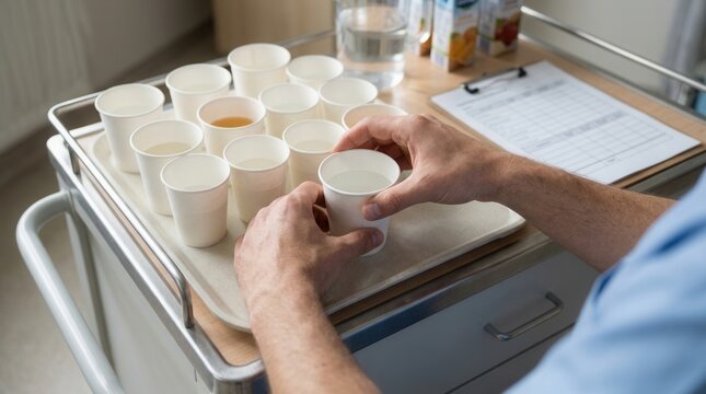 Scientist conducting taste test on multiple beverage samples arranged on a medical cart, with clipboard for data recording.