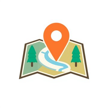 A colorful illustration of a map with a location pin and trees