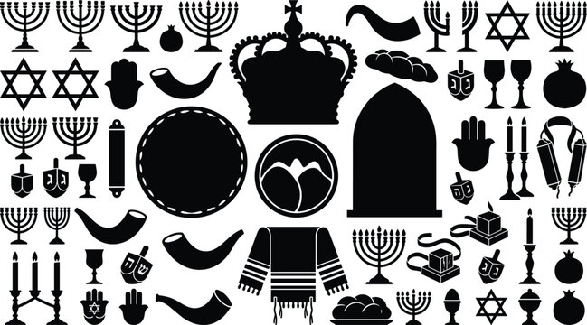 Collection of traditional Jewish culture and religious holiday symbols silhouettes including menorah star of David and crown vector graphic