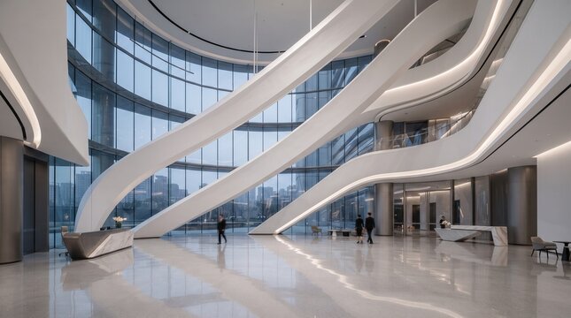 Futuristic modern architecture interior, curved white atrium with glass walls, luxury corporate office lobby design