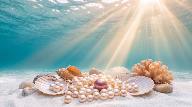 Pearls, seashells, and coral on a sandy seabed