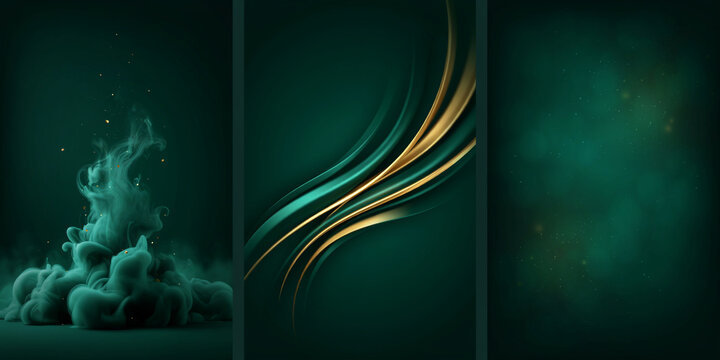 Dark emerald green backgrounds featuring gold flowing curves, smoke effects, and subtle glowing particles