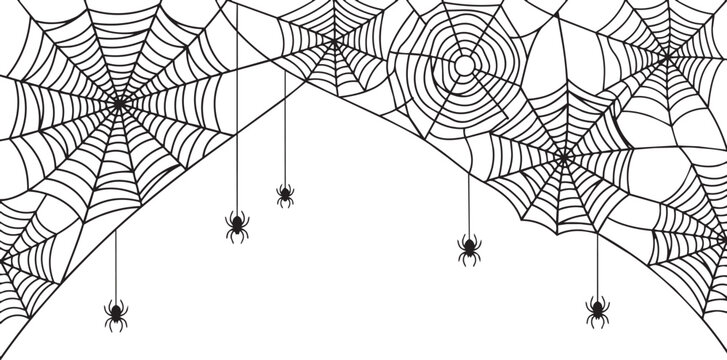 Spooky spider web border with hanging spiders, black cobweb frame vector, Halloween decorative corner elements on white background
