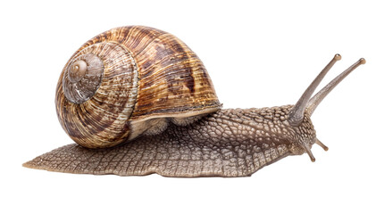 Garden snail with brown shell and textured body on isolated on png transparent background © Isolated Hub