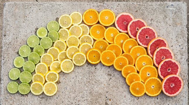 Vibrant rainbow arc composed of sliced citrus fruits including limes lemons oranges and grapefruits arranged neatly on textured grey stone