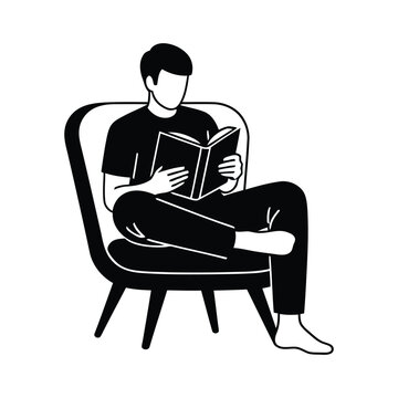 Minimalist line art vector of a man reading a book in an armchair, black and white silhouette of a person relaxing with literature, simple flat illustration for library or education concepts