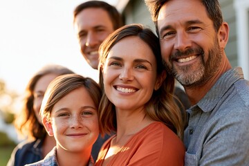 Obraz premium Multigenerational family smiling together outside modern suburban home