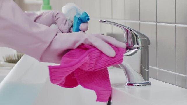 Close up of hands wearing rubber gloves spraying detergent and wiping chrome faucet with cloth