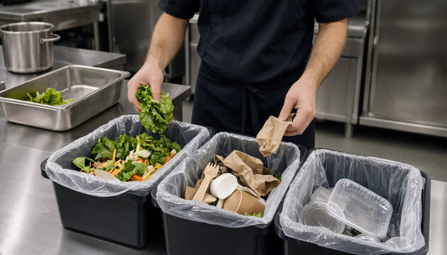 Chef sorting organic food waste into composting bins in commercial kitchen with food service restaurant kitchen environmentally friendly waste management sorting trash green living