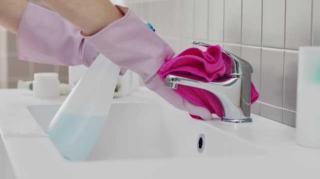 Close up of hands wearing rubber gloves spraying detergent and wiping chrome faucet with cloth