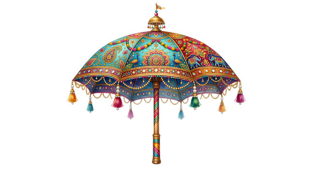 Traditional decorative Indian umbrella with intricate colorful patterns.